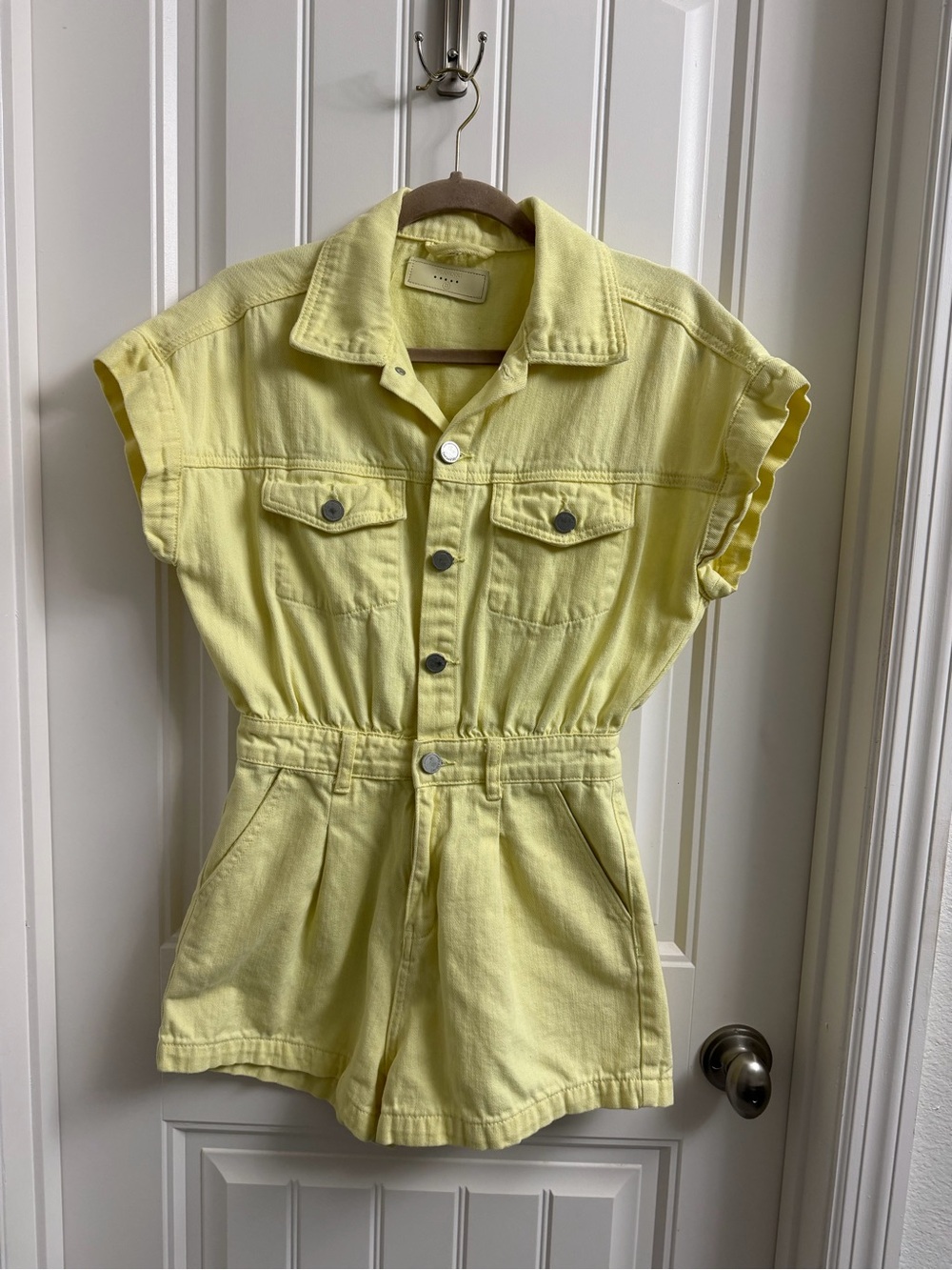 BLANKNYC Yellow Denim Utility Romper XS Ruffle Sleeves